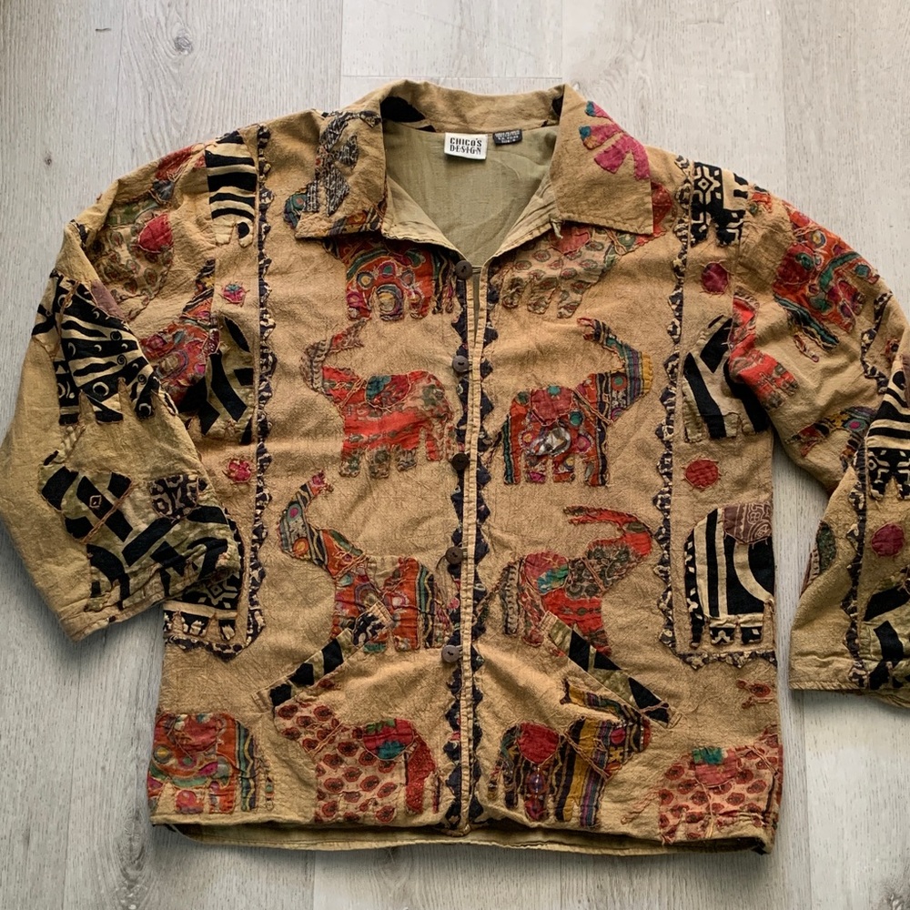 Chico's elephant application made in India hand made unique size 4 jacket boho